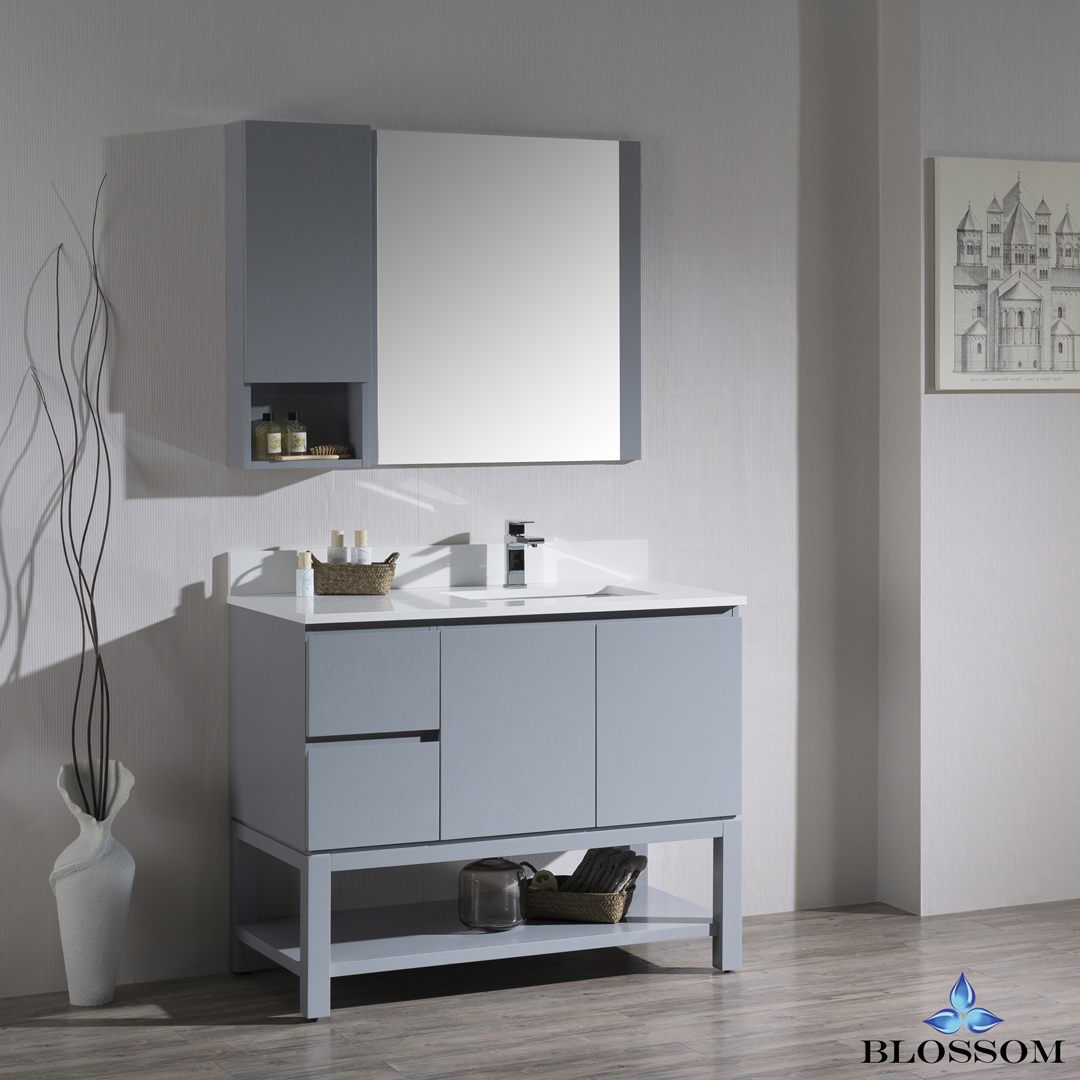 Monaco Modern 42" Metal Gray Right Bathroom Vanity Set with Mirror, Wall Cabinet and Wood Legs
