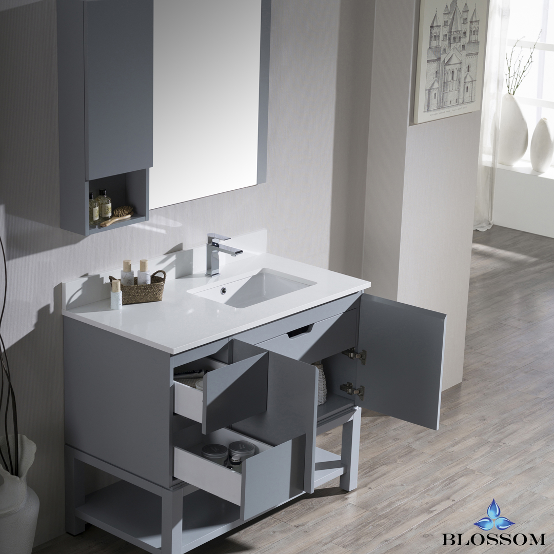 Monaco Modern 42" Metal Gray Right Bathroom Vanity Set with Mirror, Wall Cabinet and Wood Legs