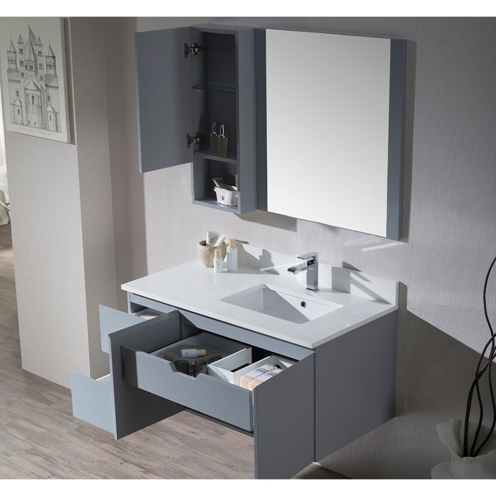 Monaco Modern 42" Metal Gray Wall Mount Right Bathroom Vanity Set with Mirror and Wall Cabinet