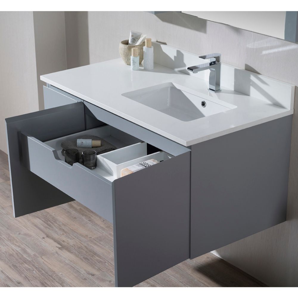Monaco Modern 42" Metal Gray Wall Mount Right Bathroom Vanity Set with Mirror and Wall Cabinet