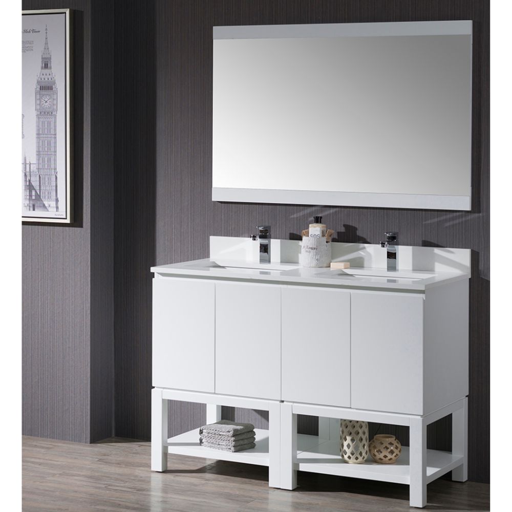 Monaco Modern 48" Matte White Double Bathroom Vanity Set with Mirror
