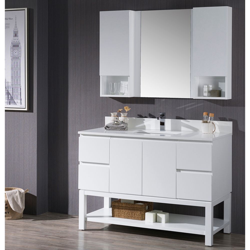 Monaco Modern 48" Matte White Bathroom Vanity Set with Mirror and Wall Cabinets