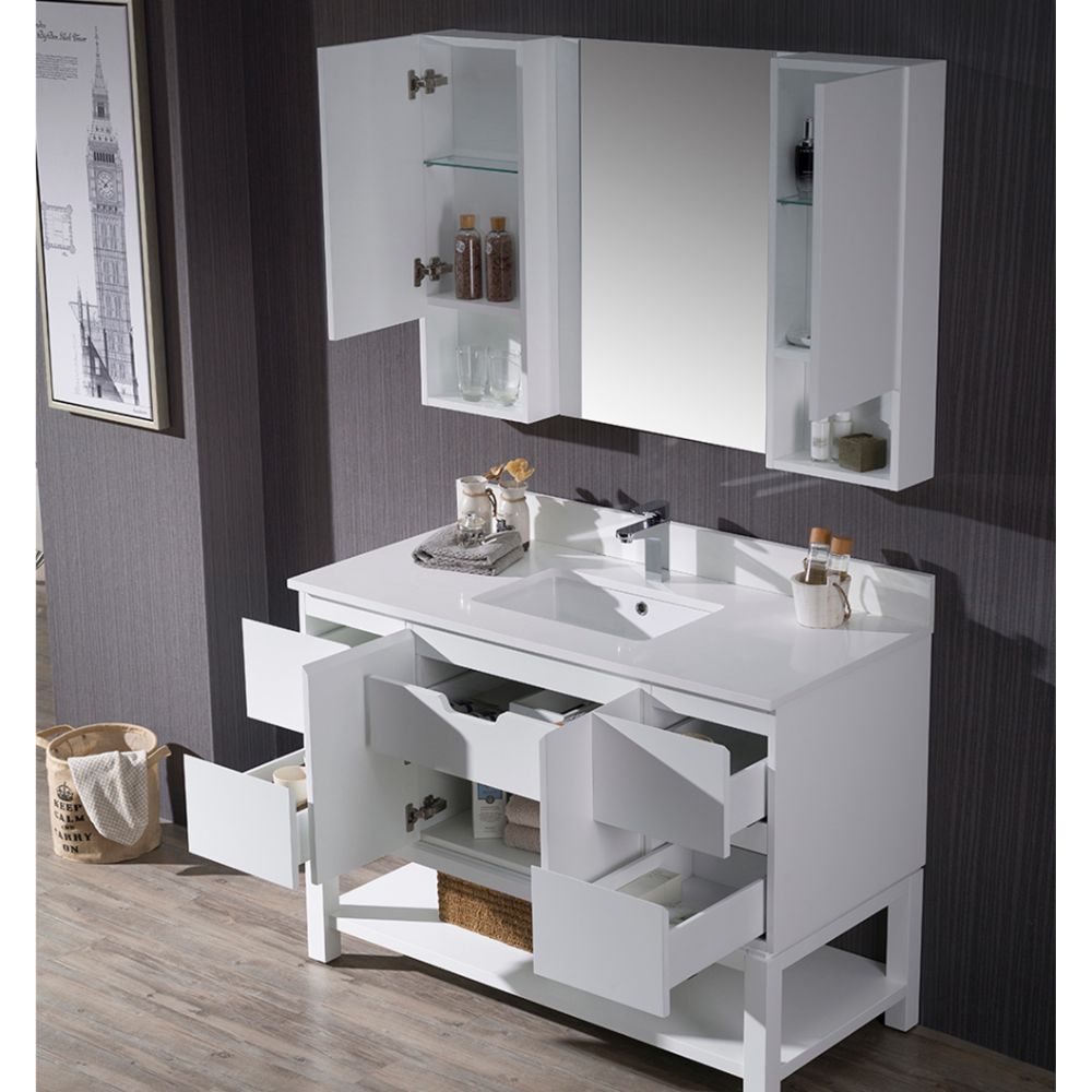 Monaco Modern 48" Matte White Bathroom Vanity Set with Mirror and Wall Cabinets