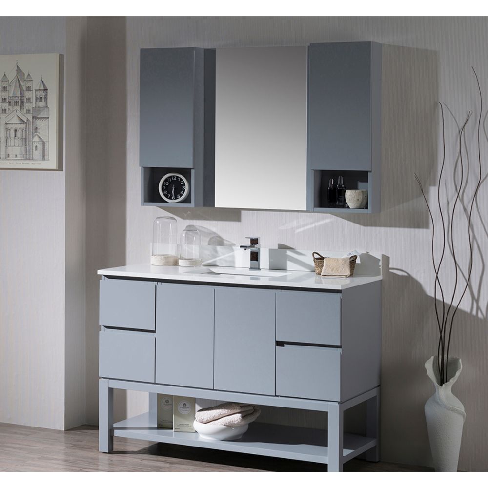 Monaco Modern 48" Metal Gray Bathroom Vanity Set with Mirror and Wall Cabinets