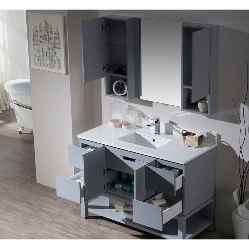 Monaco Modern 48" Metal Gray Bathroom Vanity Set with Mirror and Wall Cabinets