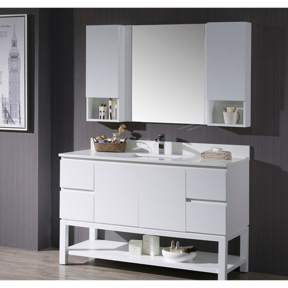 Monaco Modern 54" Matte White Bathroom Vanity Set with Mirror and Wall Cabinets