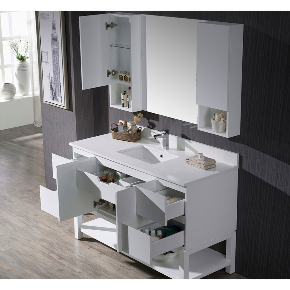 Monaco Modern 54" Matte White Bathroom Vanity Set with Mirror and Wall Cabinets