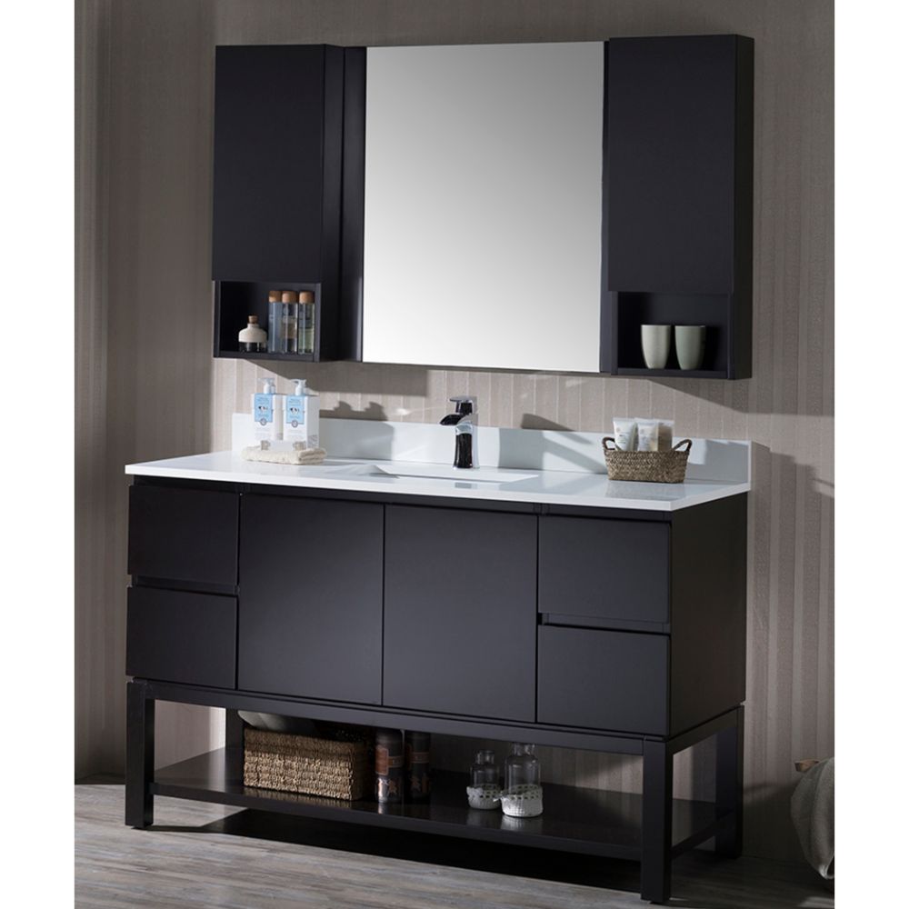 Monaco Modern 54" Espresso Bathroom Vanity Set with Mirror and Wall Cabinets