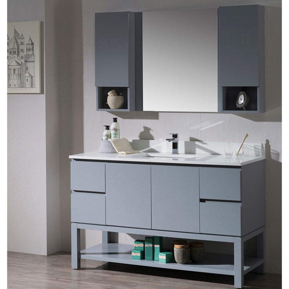 Monaco Modern 54" Metal Gray Bathroom Vanity Set with Mirror and Wall Cabinets