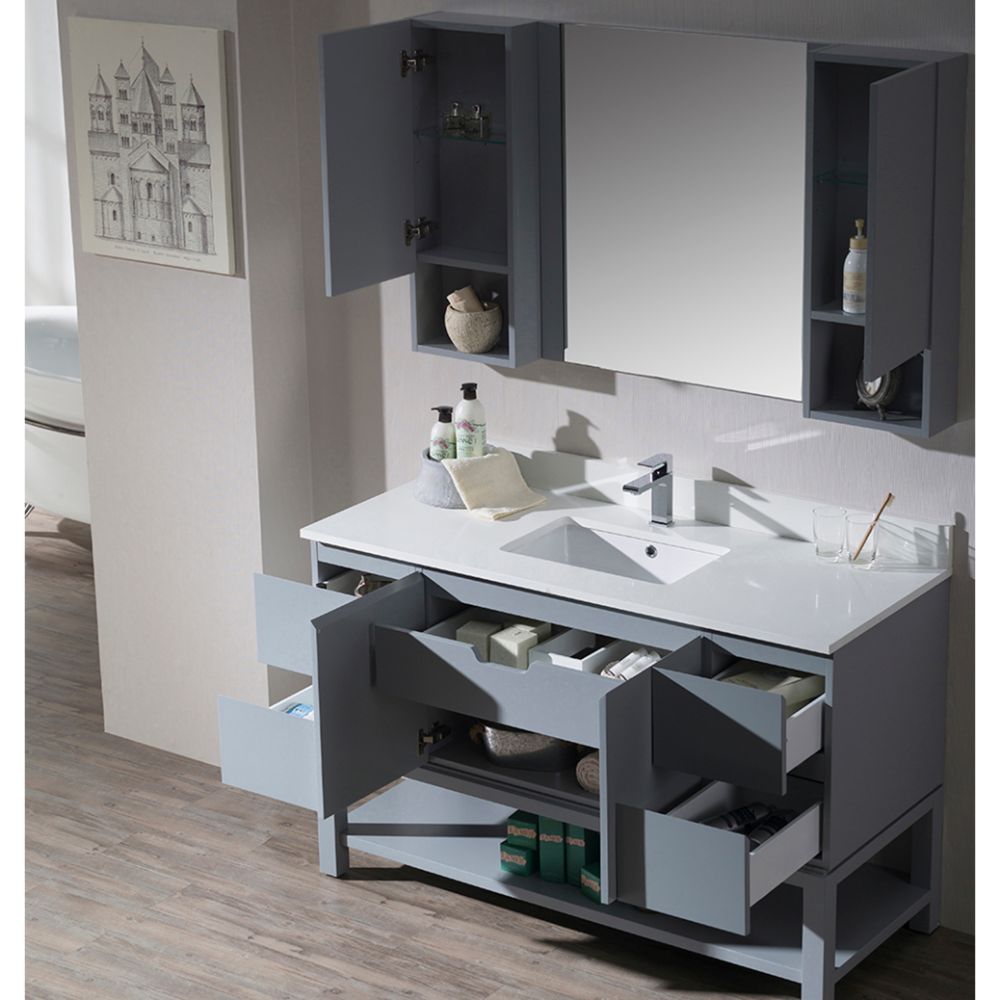 Monaco Modern 54" Metal Gray Bathroom Vanity Set with Mirror and Wall Cabinets