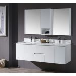Monaco Modern 60″ Matte White Double 24 Wall Mount Bathroom Vanity Set with Mirror and Wall Cabinet