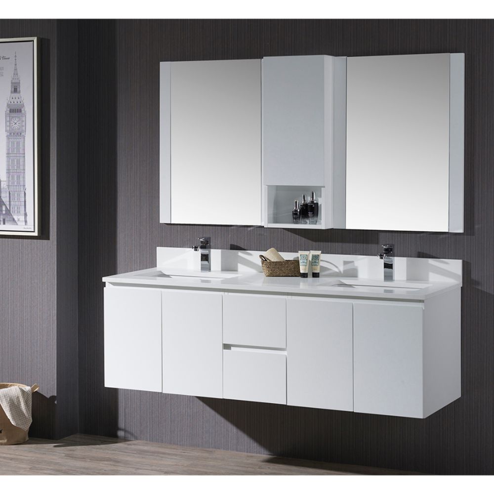 Monaco Modern 60" Matte White Double 24 Wall Mount Bathroom Vanity Set with Mirror and Wall Cabinet