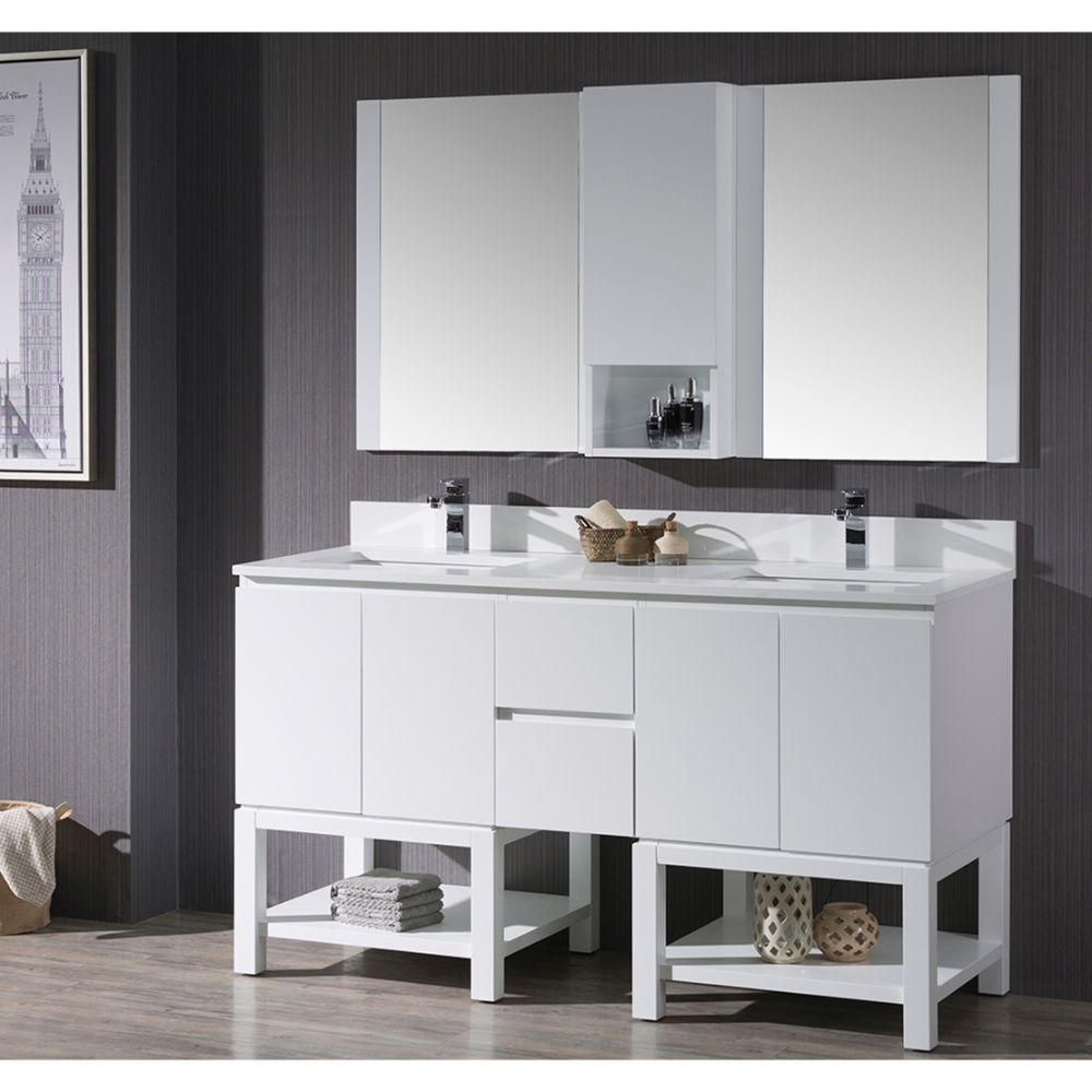 Monaco Modern 60" Matte White Double 24 Bathroom Vanity Set with Mirror and Wall Cabinet