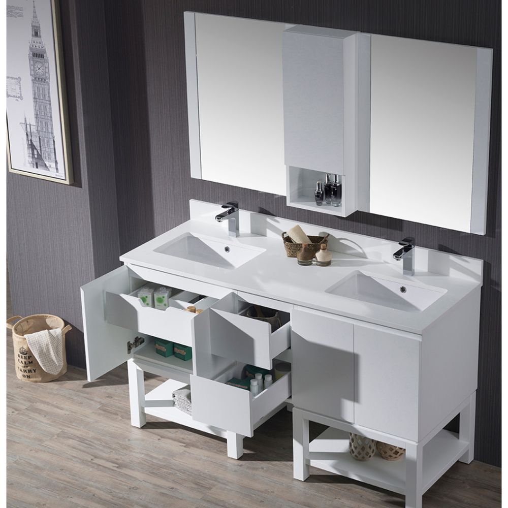 Monaco Modern 60" Matte White Double 24 Bathroom Vanity Set with Mirror and Wall Cabinet