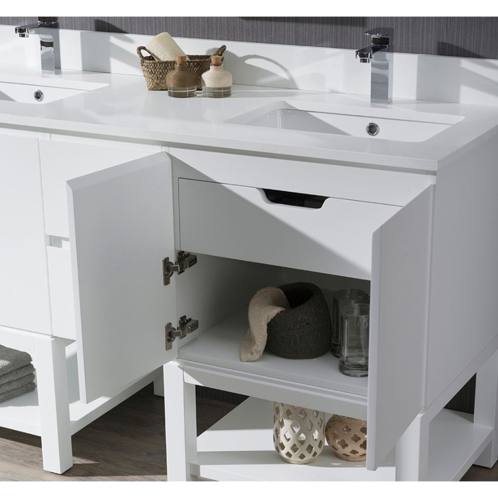 Monaco Modern 60" Matte White Double 24 Bathroom Vanity Set with Mirror and Wall Cabinet