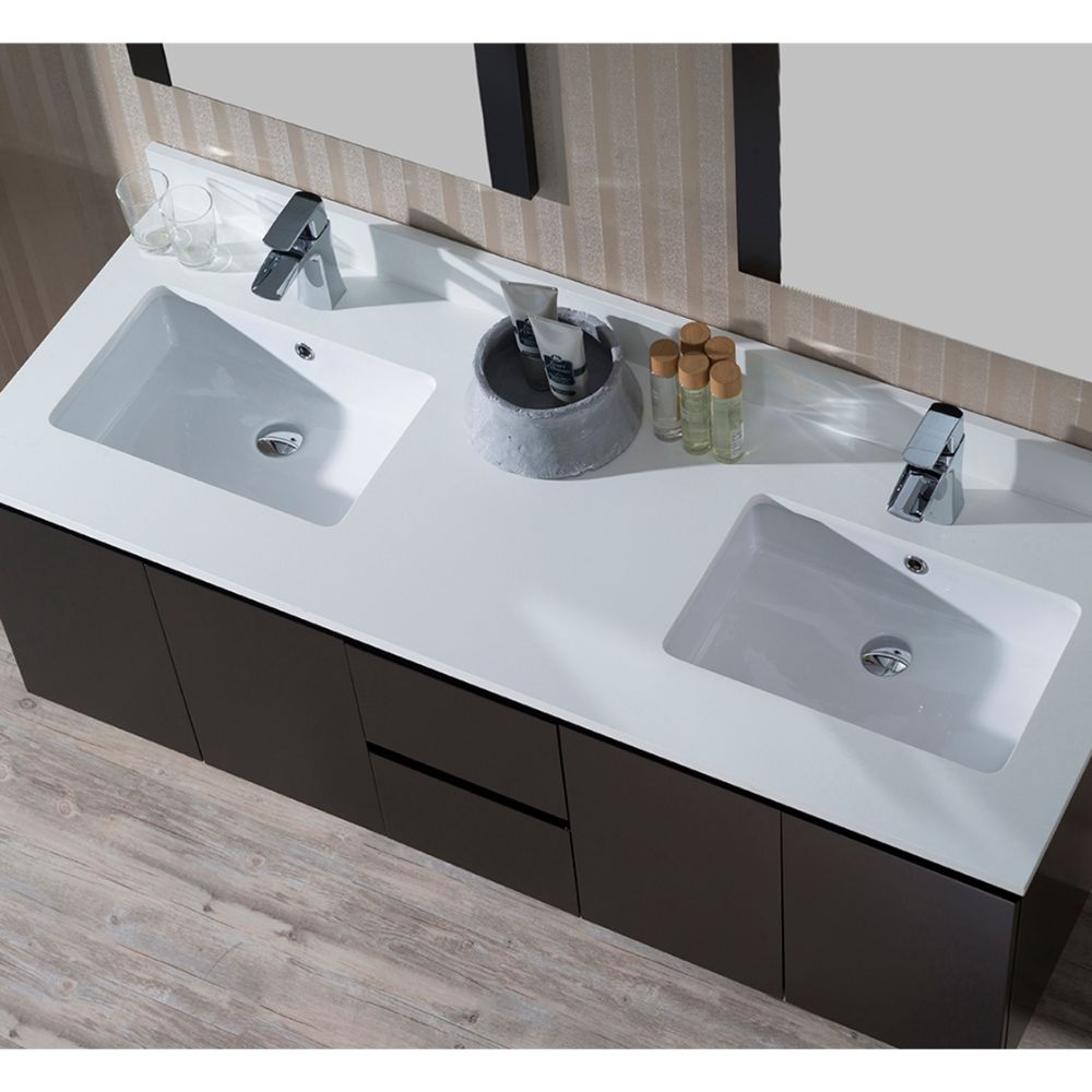 Monaco Modern 60" Espresso Double 24 Wall Mount Bathroom Vanity Set with Mirror