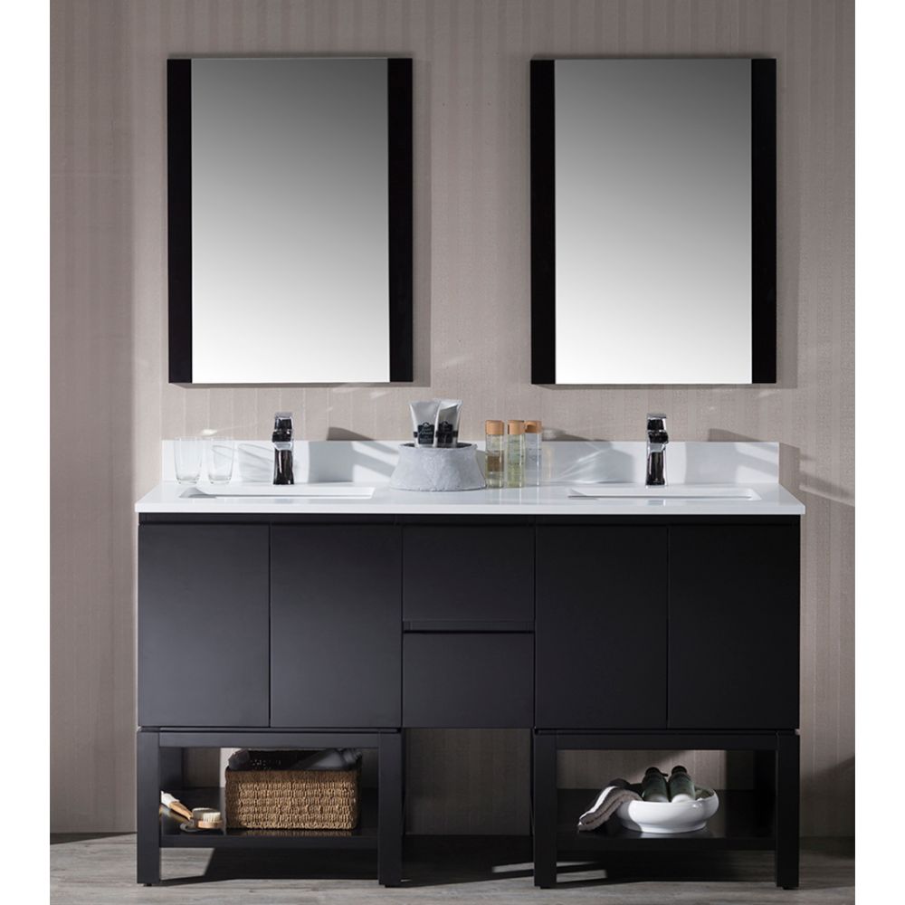 Monaco Modern 60" Espresso Double 24 Wall Mount Bathroom Vanity Set with Mirror