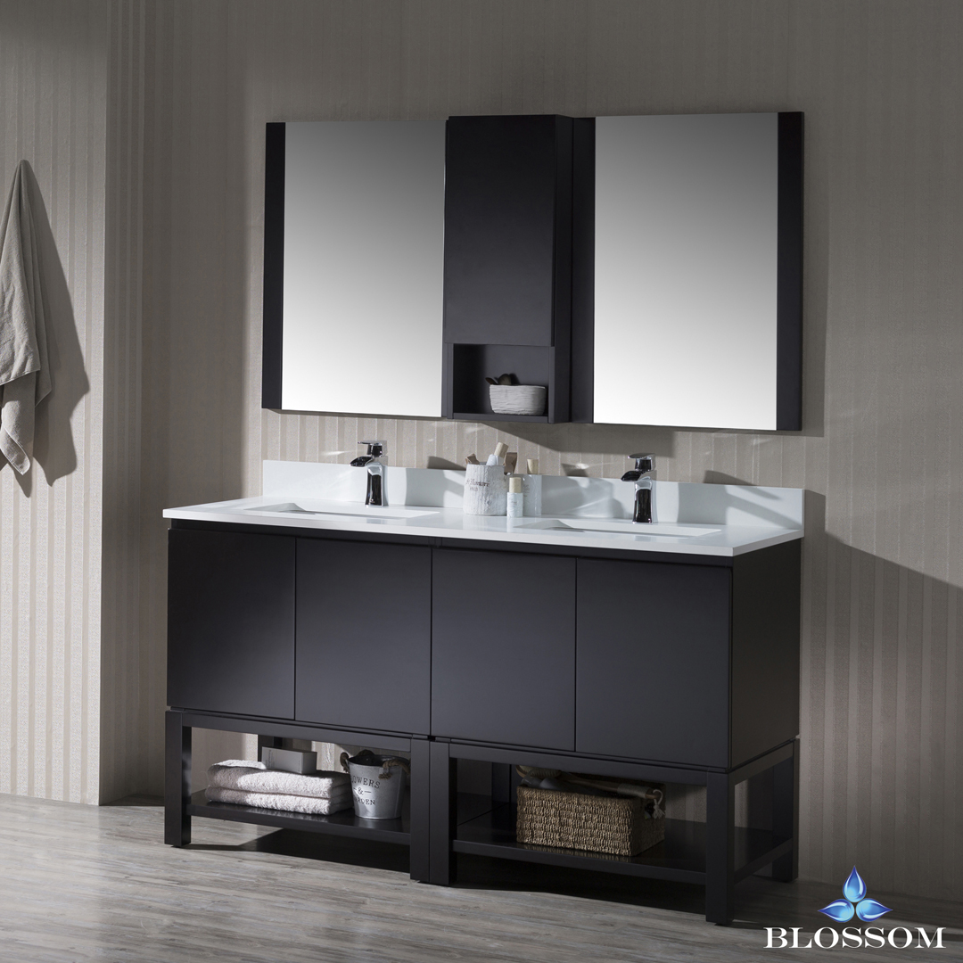 Monaco Modern 60" Espresso Double 30 Bathroom Vanity Set with Mirror and Wall Cabinet