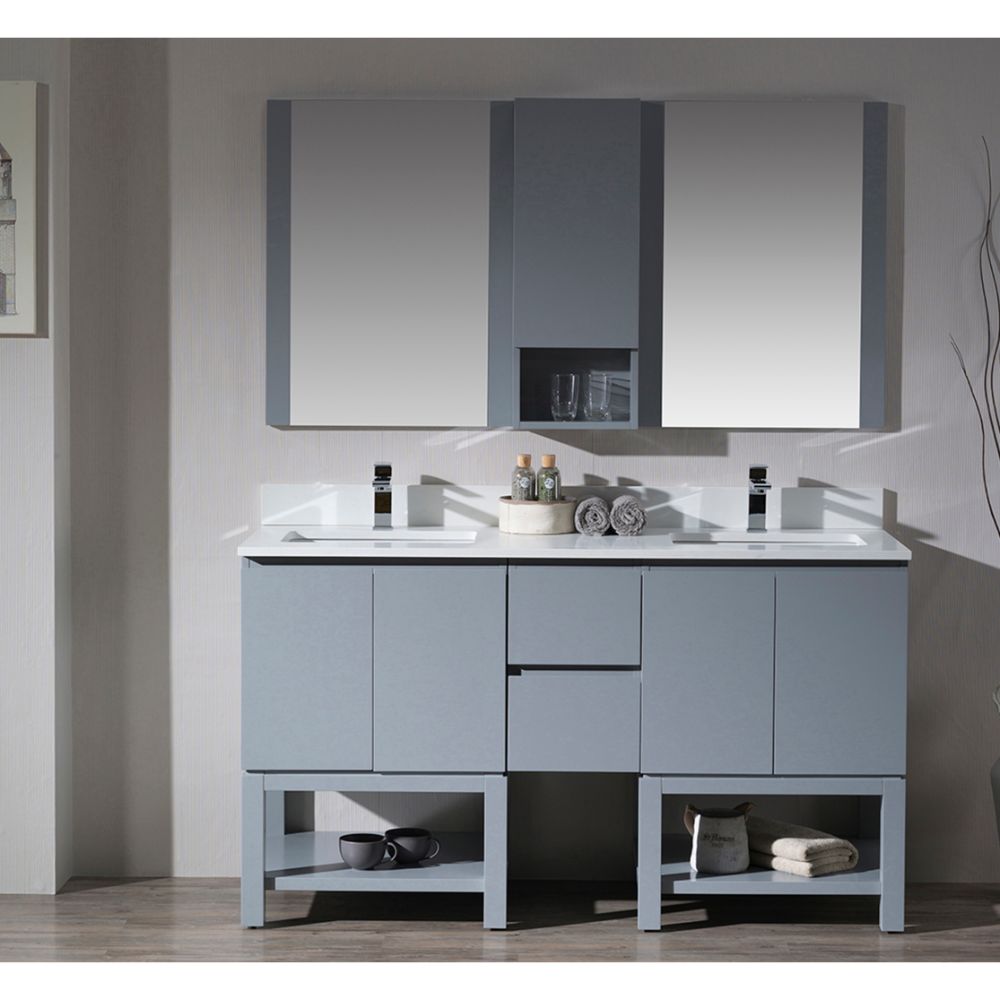 Monaco Modern 60" Metal Gray Double 24 Bathroom Vanity Set with Mirror and Wall Cabinet Monaco Modern 60" Metal Gray Double 24 Bathroom Vanity Set with Mirror and Wall Cabinet