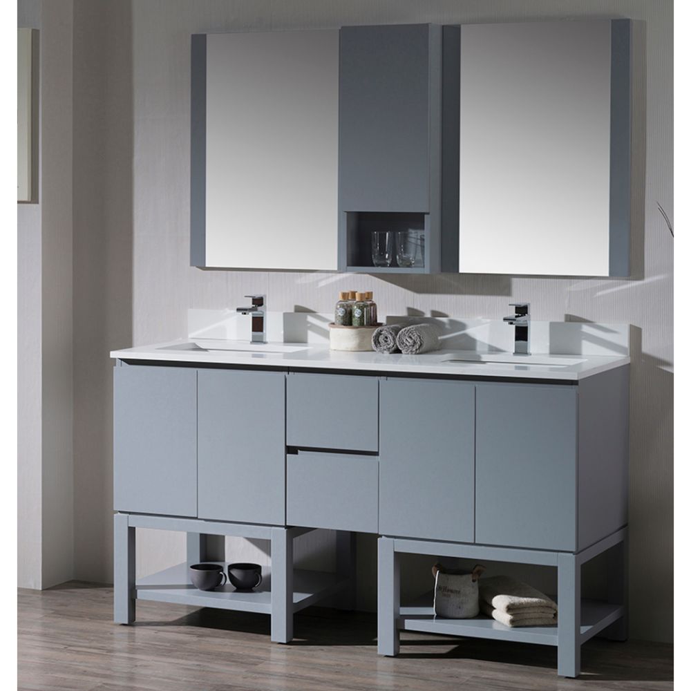 Monaco Modern 60" Metal Gray Double 24 Bathroom Vanity Set with Mirror and Wall Cabinet