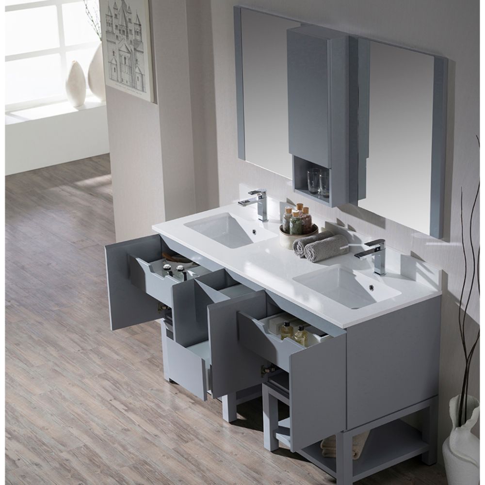 Monaco Modern 60" Metal Gray Double 24 Bathroom Vanity Set with Mirror and Wall Cabinet