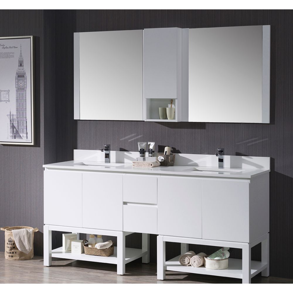 Monaco Modern 72" Matte White Double Bathroom Vanity Set with Mirror and Wall Cabinet