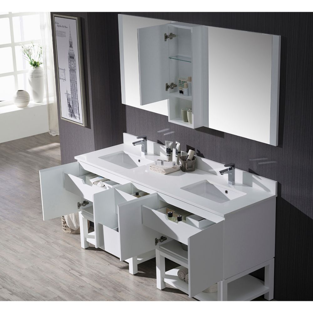 Monaco Modern 72" Matte White Double Bathroom Vanity Set with Mirror and Wall Cabinet