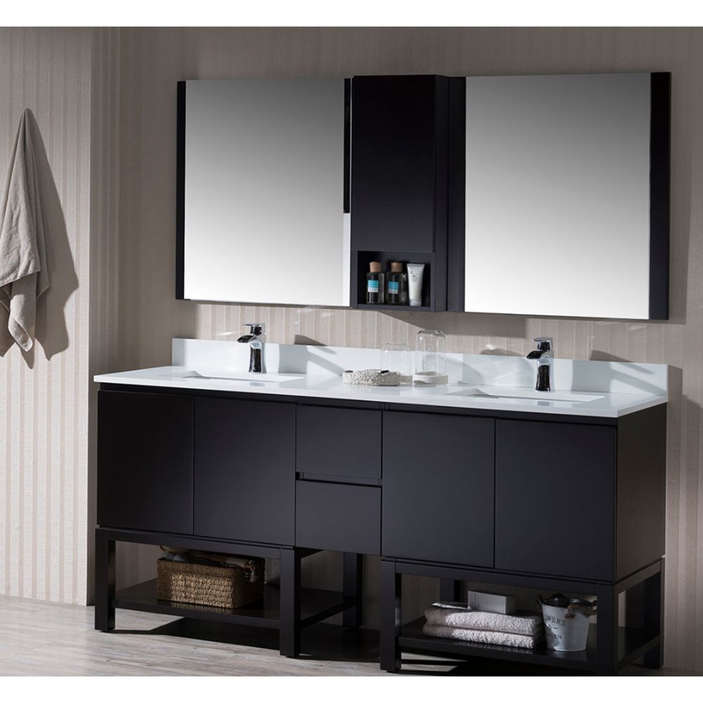 Monaco Modern 72" Espresso Double Bathroom Vanity Set with Mirror and Wall Cabinet