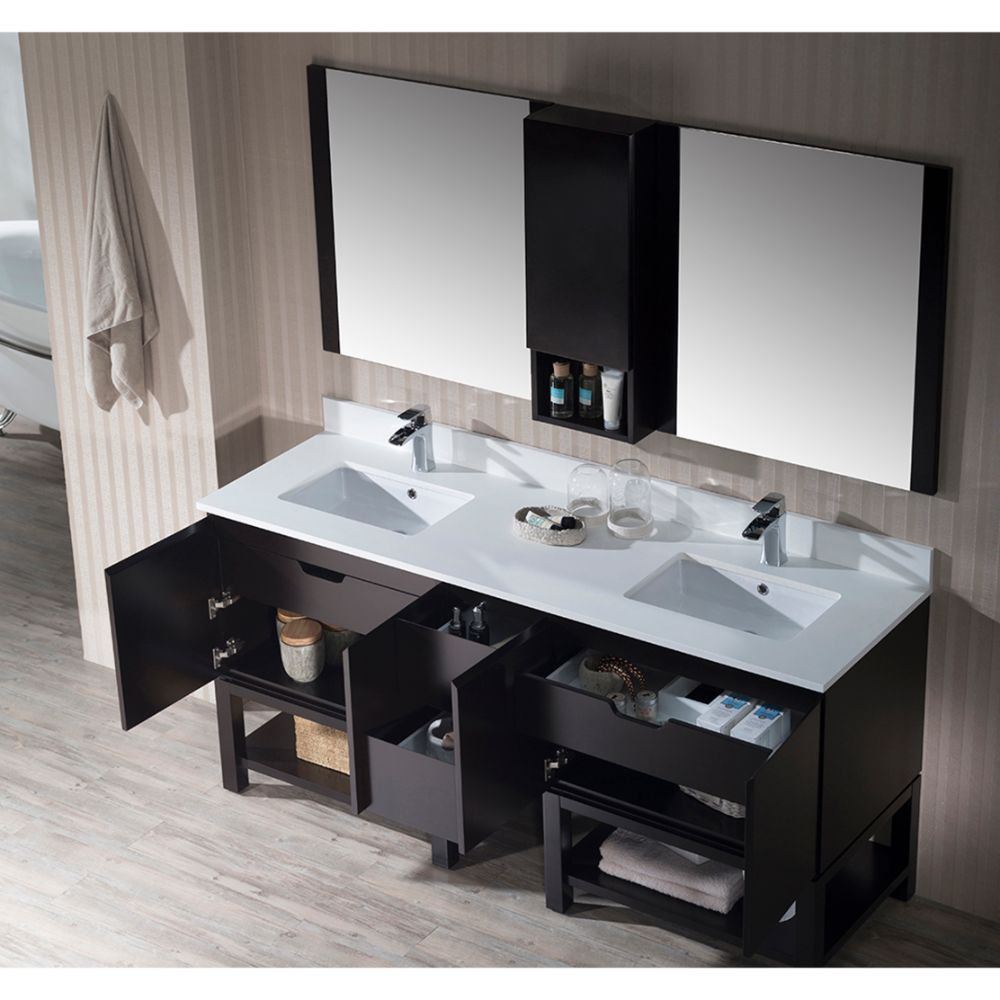 Monaco Modern 72" Espresso Double Bathroom Vanity Set with Mirror and Wall Cabinet