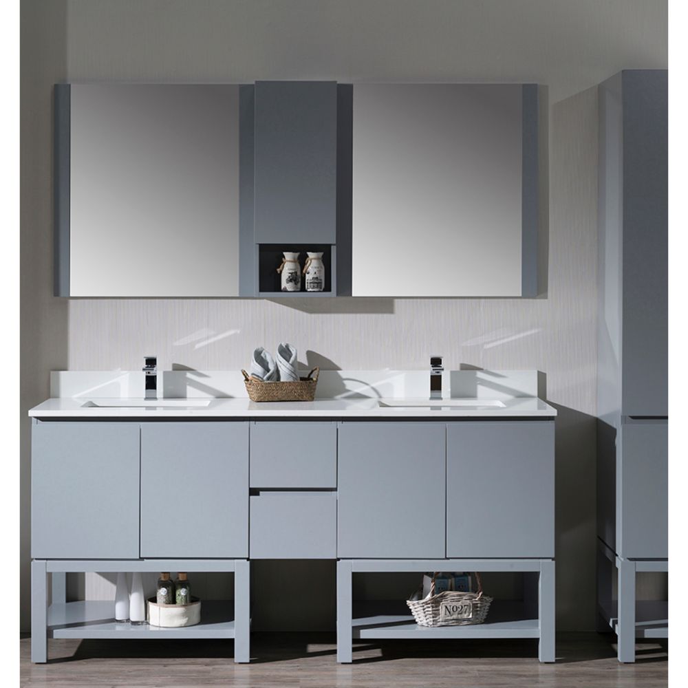 Monaco Modern 72" Metal Gray Double Bathroom Vanity Set with Mirror and Wall Cabinet