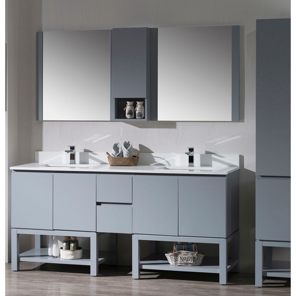 Monaco Modern 72" Metal Gray Double Bathroom Vanity Set with Mirror and Wall Cabinet