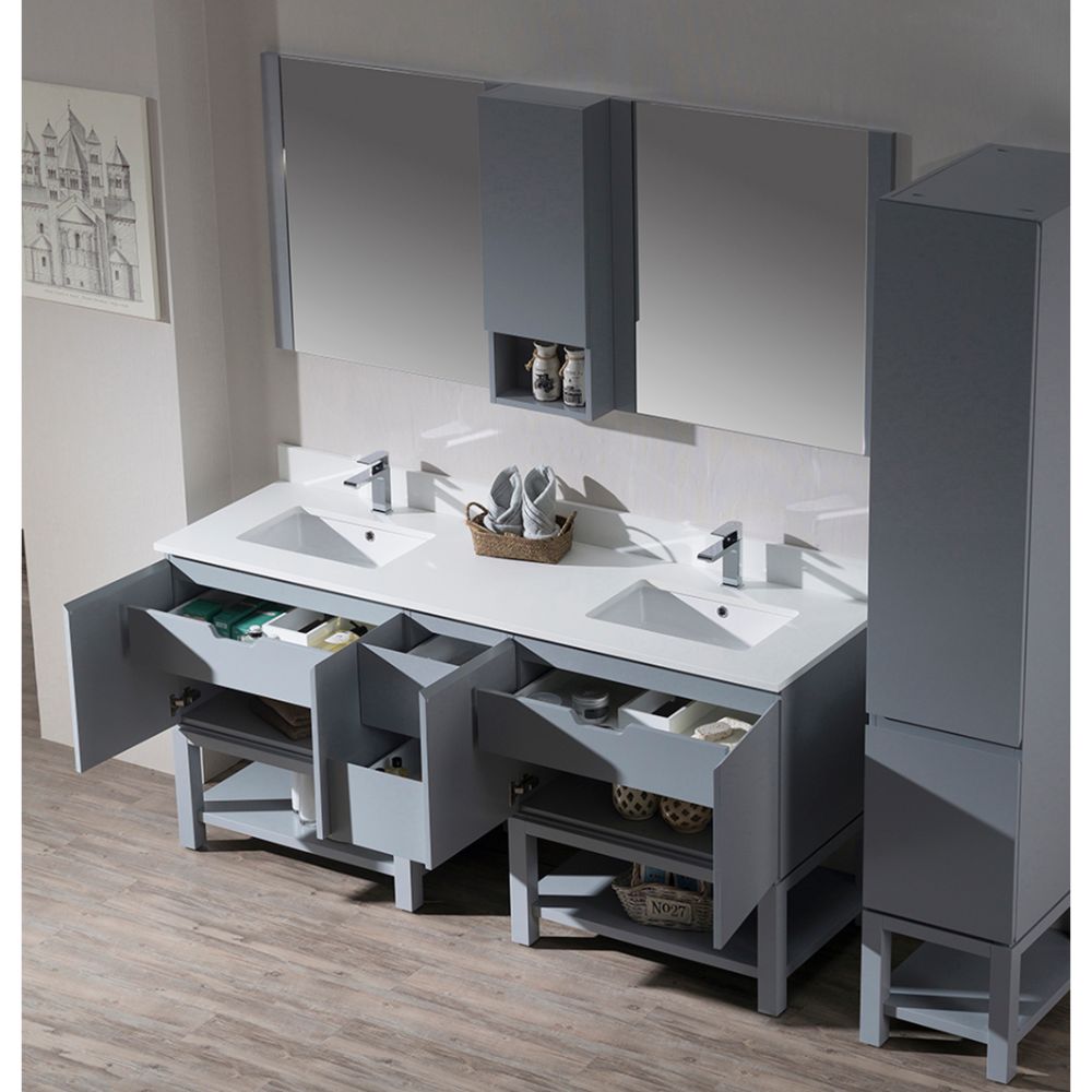 Monaco Modern 72" Metal Gray Double Bathroom Vanity Set with Mirror and Wall Cabinet