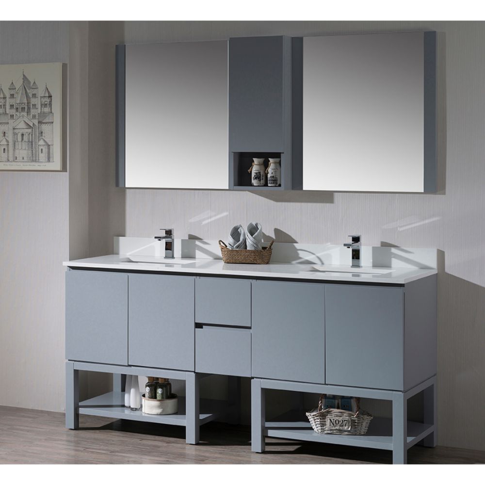 Monaco Modern 72" Metal Gray Double Bathroom Vanity Set with Mirror and Wall Cabinet