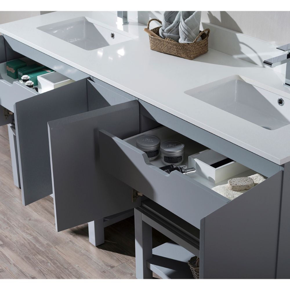 Monaco Modern 72" Metal Gray Double Bathroom Vanity Set with Mirror and Wall Cabinet
