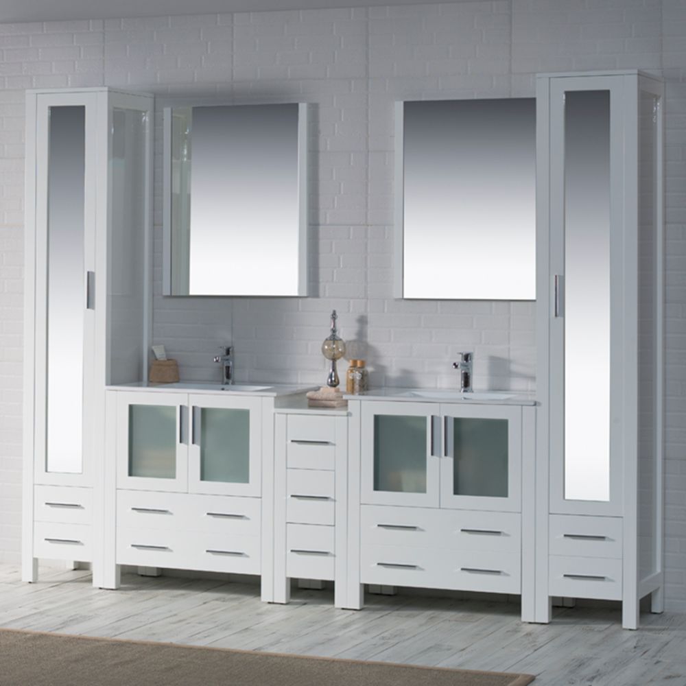 Sydney Modern 102" Bathroom Vanity Set with Mirror Linen Cabinet Glossy White