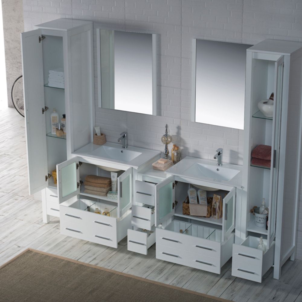 Sydney Modern 102" Bathroom Vanity Set with Mirror Linen Cabinet Glossy White