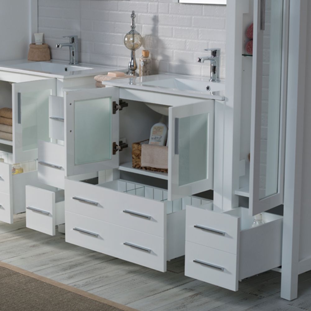 Sydney Modern 102" Bathroom Vanity Set with Mirror Linen Cabinet Glossy White