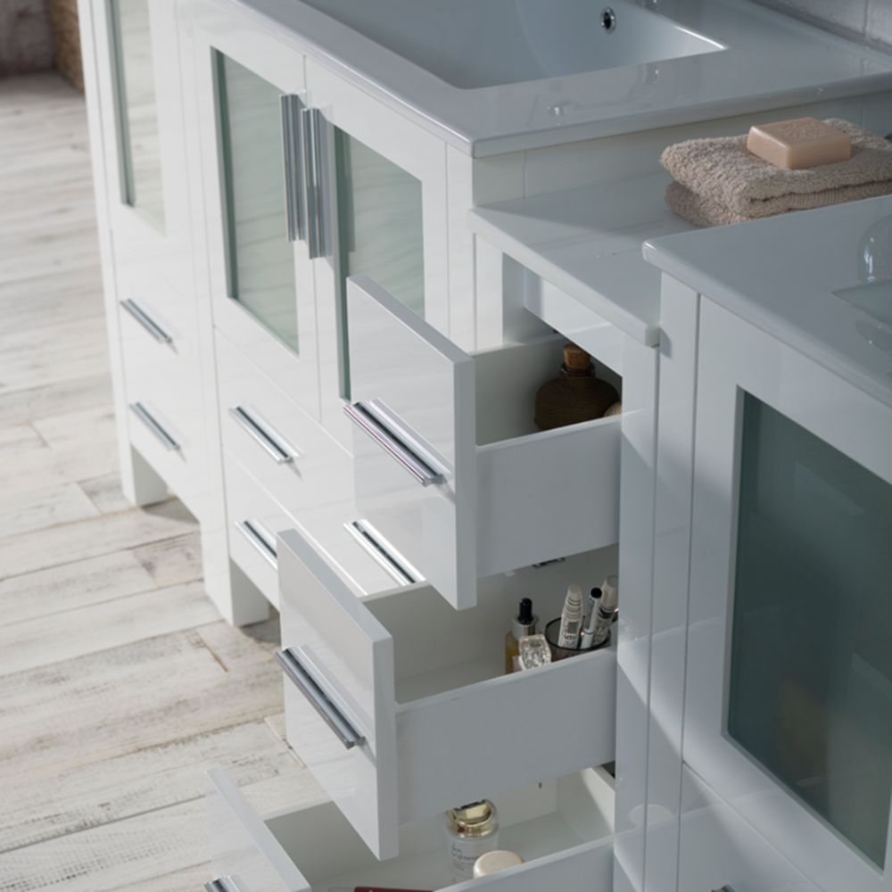 Sydney Modern 102" Bathroom Vanity Set with Mirror Linen Cabinet Glossy White