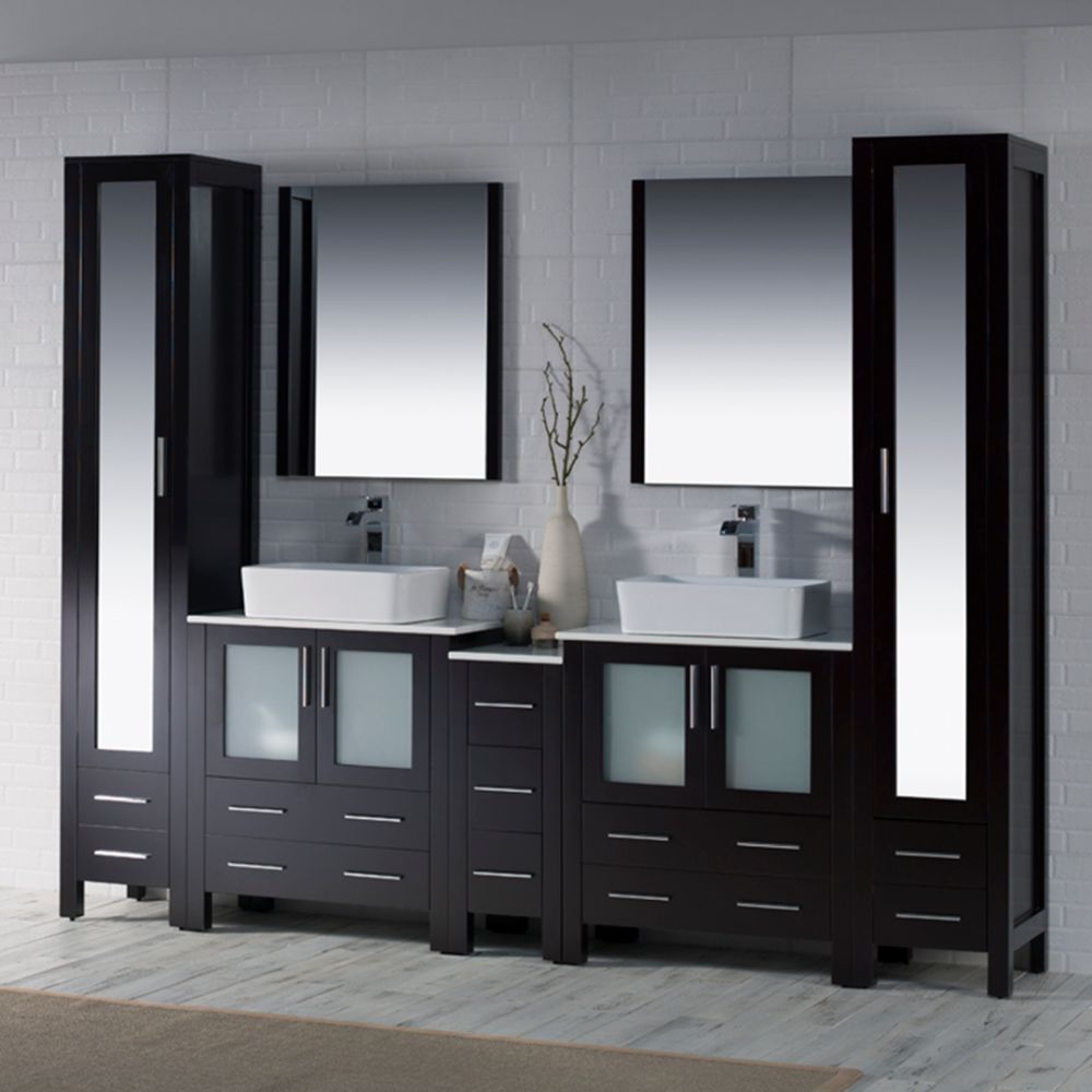 Sydney Modern 102" Bathroom Vanity Set with Vessel Sinks and Mirror Linen Cabinet Espresso