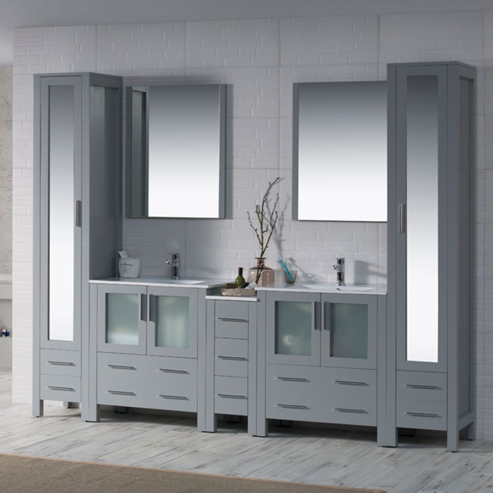 Sydney Modern 102" Bathroom Vanity Set with Mirror Linen Cabinet Metal Gray