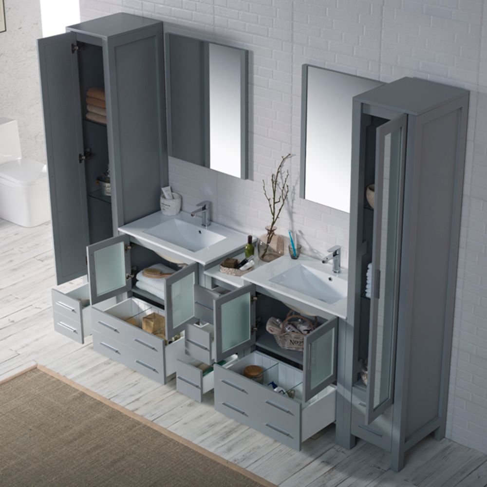 Sydney Modern 102" Bathroom Vanity Set with Mirror Linen Cabinet Metal Gray
