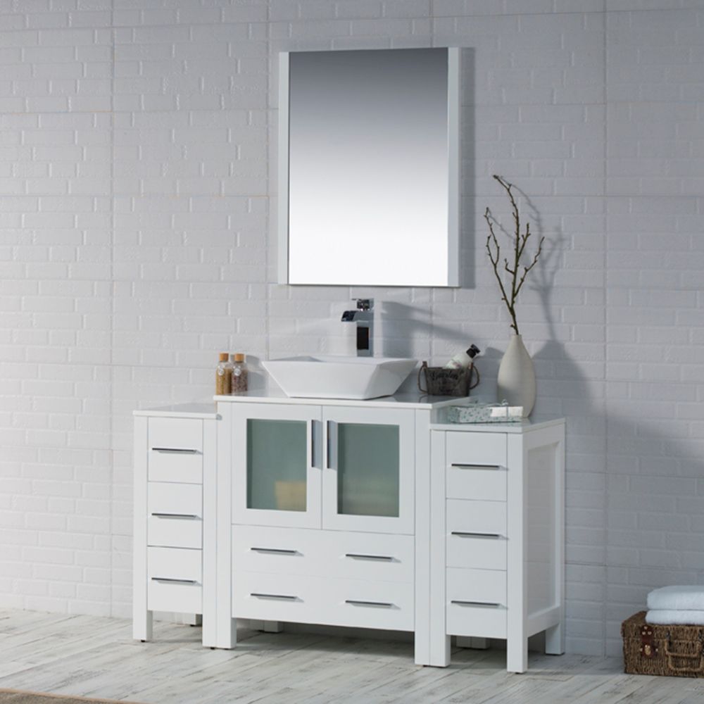 Sydney Modern 54" Bathroom Vanity Set with Vessel Sink and Double Side Cabinets Glossy White