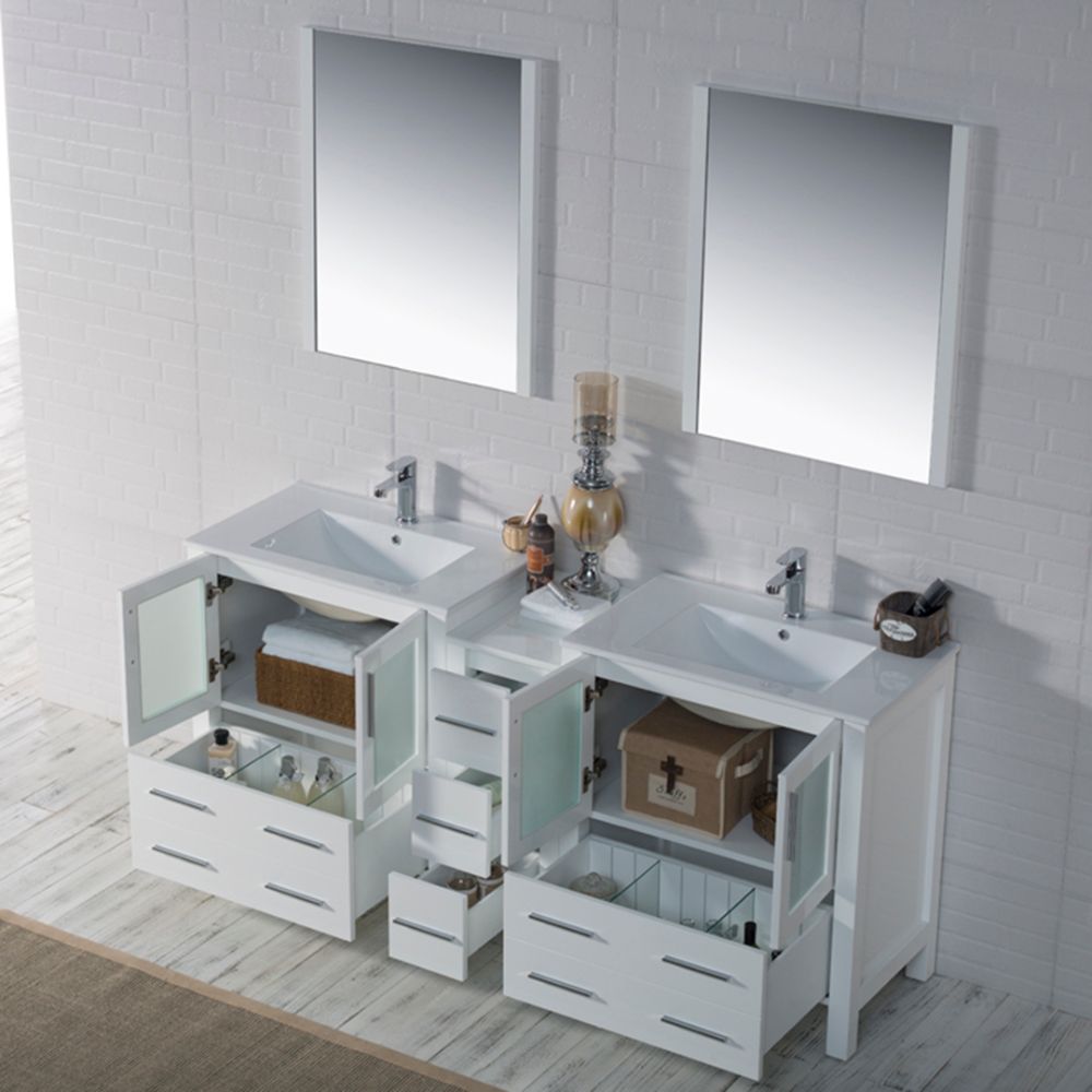 Sydney Modern 72" Double Bathroom Vanity Set with Mirrors Glossy White