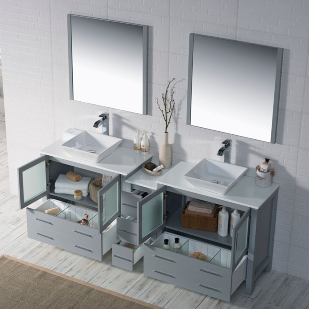 Sydney Modern 84" Double Bathroom Vanity Set with Vessel Sinks and Mirrors Metal Gray
