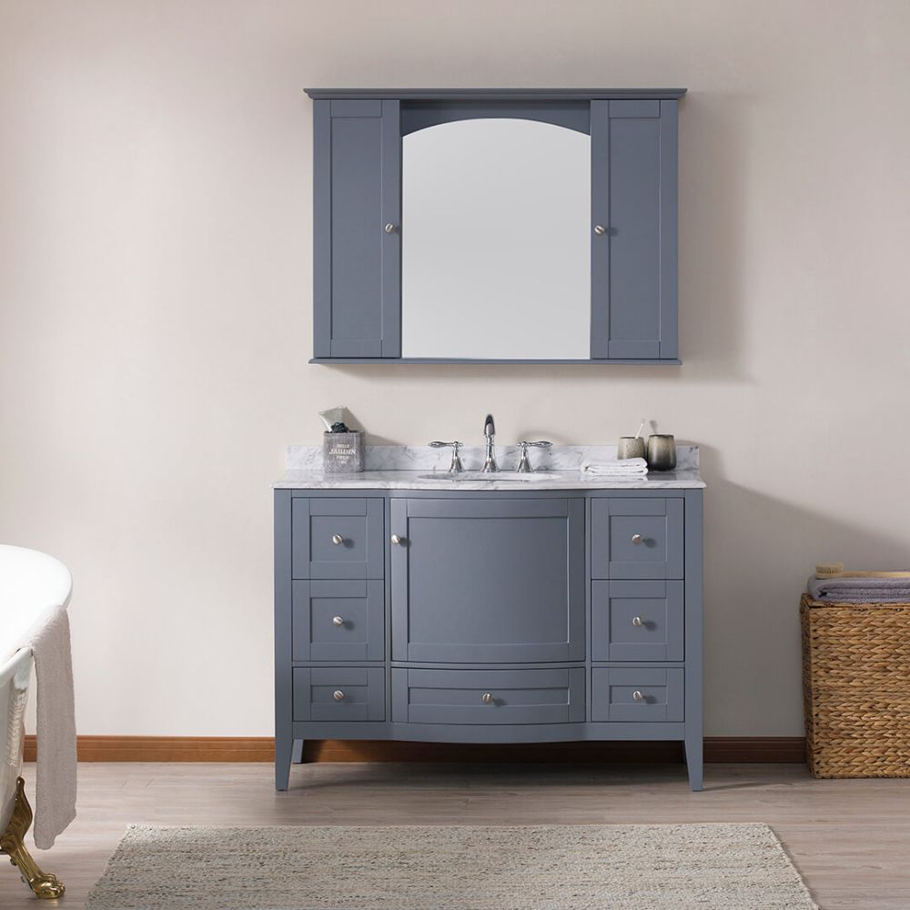 Rome 48" Charcoal Gray Bathroom Bathroom Vanity Set with White Carrara Marble, Mirror and Wall Cabinets Rome 48" Charcoal Gray Bathroom Bathroom Vanity Set with White Carrara Marble, Mirror and Wall Cabinets