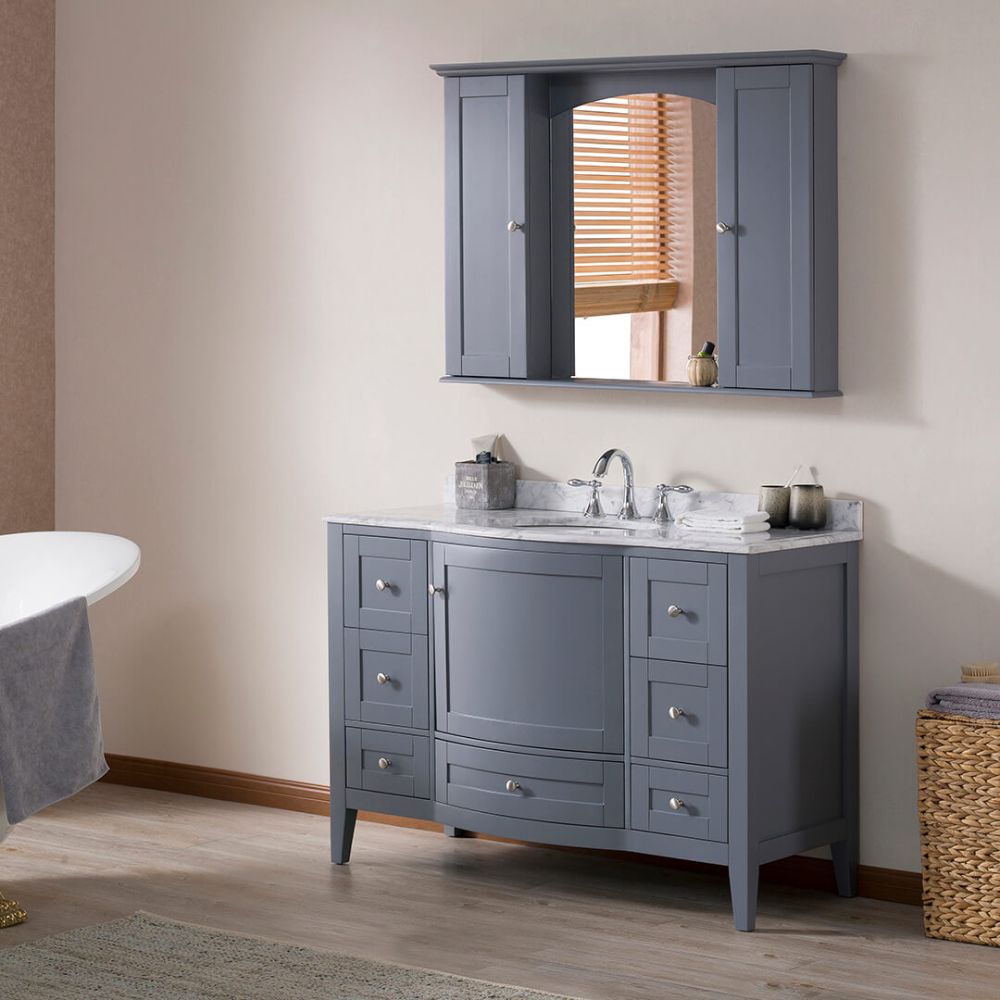 Rome 48" Charcoal Gray Bathroom Bathroom Vanity Set with White Carrara Marble, Mirror and Wall Cabinets