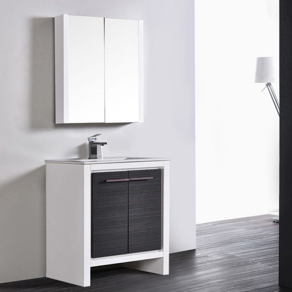 Milan Modern 30" Glossy White & Silver Grey Bathroom Vanity Set with Mirror Milan Modern 30" Glossy White & Silver Grey Bathroom Vanity Set with Mirror
