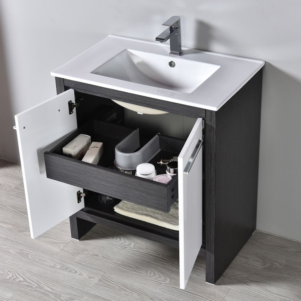 Milan Modern 30" Glossy White & Silver Grey Bathroom Vanity Set with Mirror