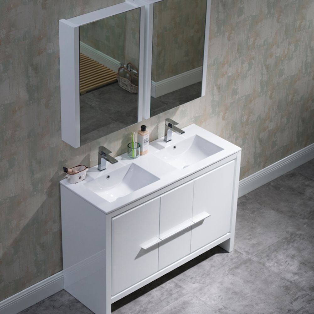Milan Modern 48" Glossy White Double Bathroom Vanity Set with Mirror