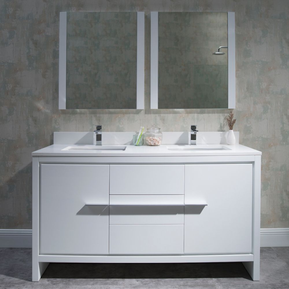Milan Modern 60" Glossy White Double Bathroom Vanity Set with Mirrors Milan Modern 60" Glossy White Double Bathroom Vanity Set with Mirrors